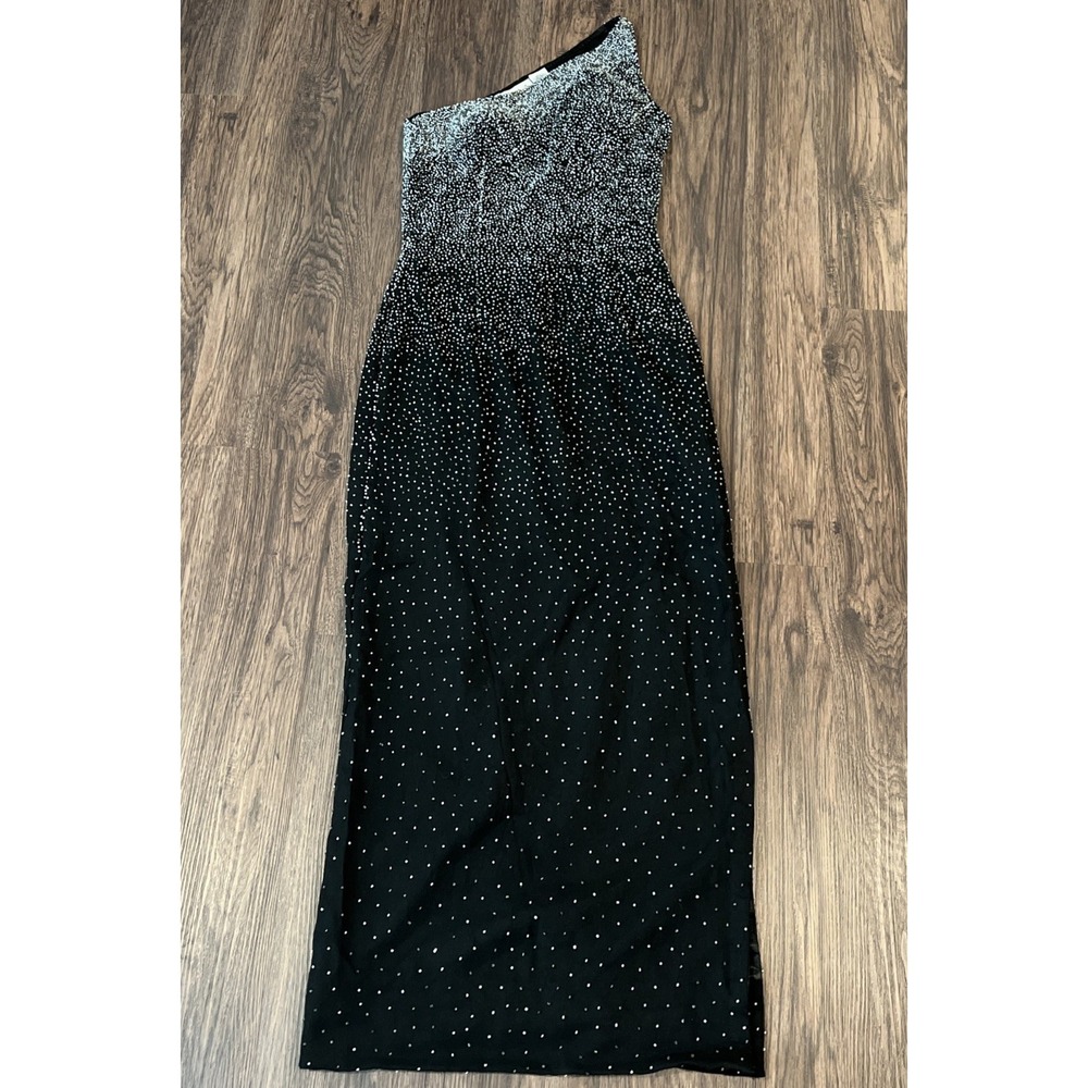 SCALA Silk Beaded Sequin Maxi Gown S One Shoulder Dress Cut Out Back Black VTG
